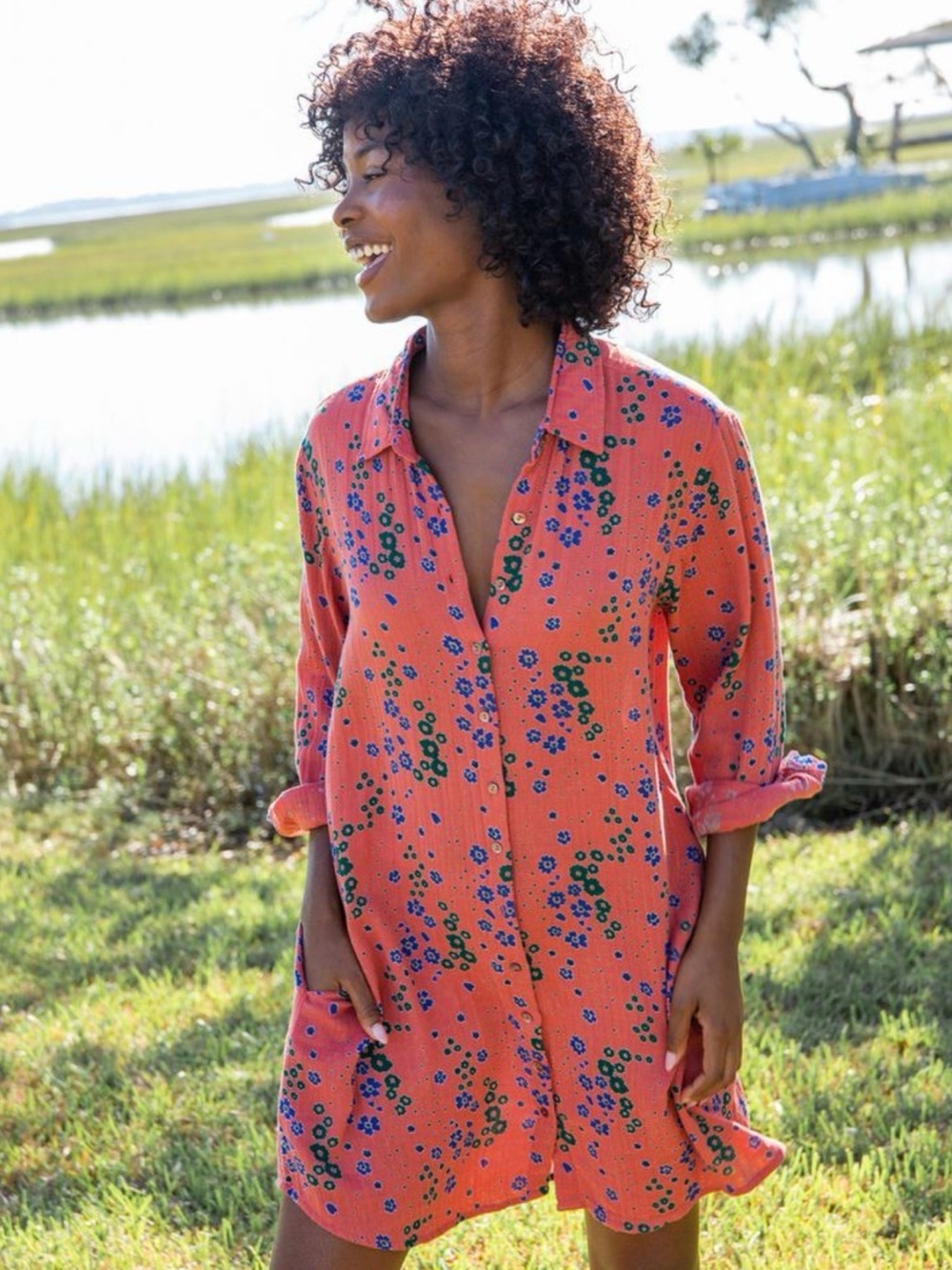 Natural Life Georgia Floral Cotton Gauze Shirtdress Sz L